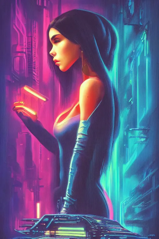 Image similar to madison beer in the style of johan grenier and john picacio and alan m. clark, trending on artstation, bioluminescence tilt - shift blade runner 2 0 4 9, crayon art, futuresynth, splash art, post - minimalism