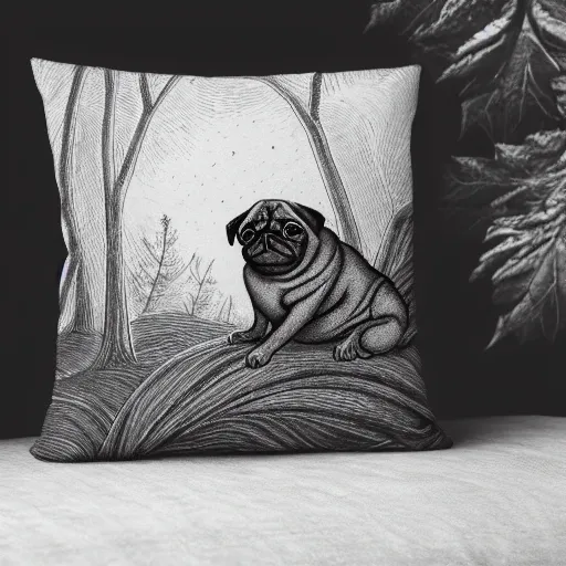 Prompt: adorable pug sleeping on a pillow of dry leaves in a dark forest, detailed illustration in dotted, black and white, in the style of gustave dore's dante's inferno.