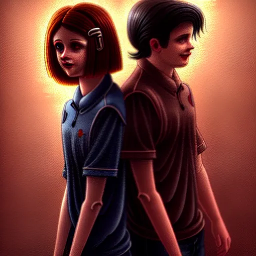 Image similar to Twilight version of Stranger Things, Portrait of Edward and Bella, diffuse lighting, fantasy, intricate, elegant, highly detailed, lifelike, photorealistic, digital painting, artstation, illustration, concept art, smooth, sharp focus, art by Artem Demura