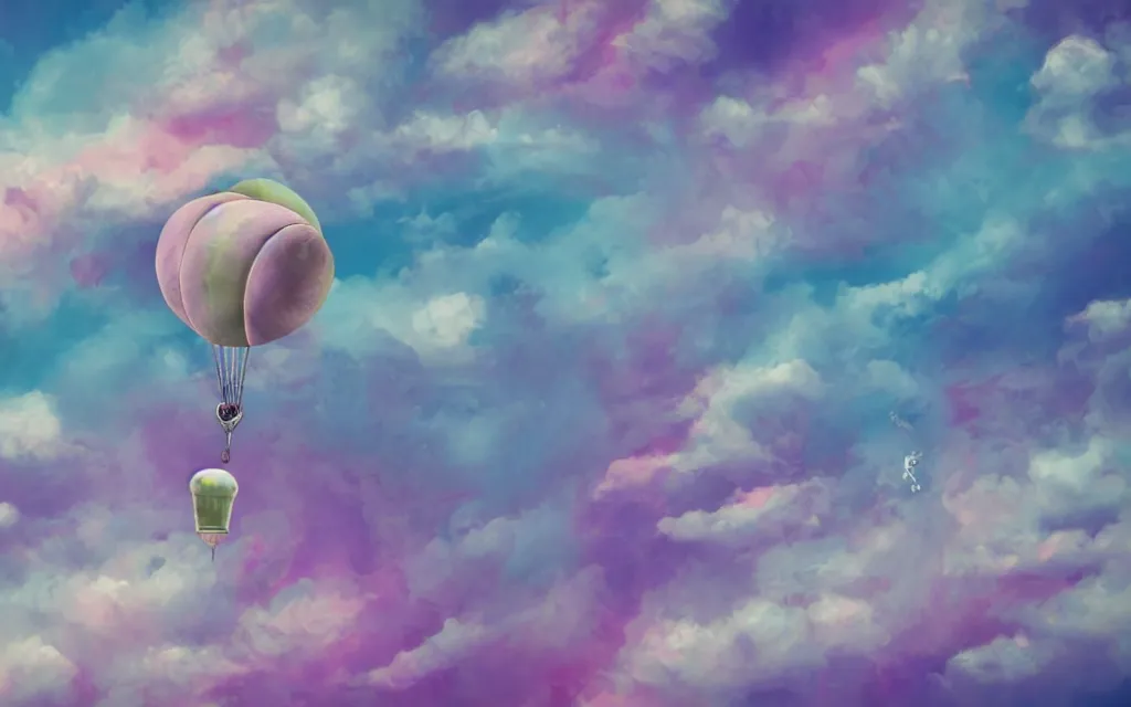 Image similar to streampunk dirigible floating between swirling clouds. pastel colors. haze.