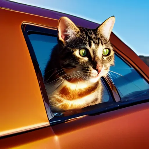 Image similar to cat cruising in a cabriolet, golden hour, front top side view, golden ratio, idyllic setting