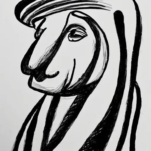 Image similar to continuous single line contour - drawing of captain - kangaroo, pen on white paper