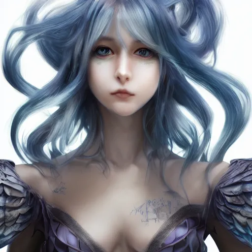 Prompt: portrait of young girl half human half dragon, dragon skin, dragon wings, blue hair, long hair, highly detailed 3D render, 8k, rpg concept art character, jrpg character, manga, anime, video game character, concept art, by Yoshitaka Amano