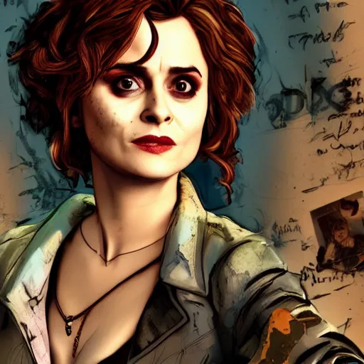 Image similar to helena bonham carter portrait, borderlands, tales from the borderlands, the wolf among us, comic, cinematic lighting, studio quality, 8 k