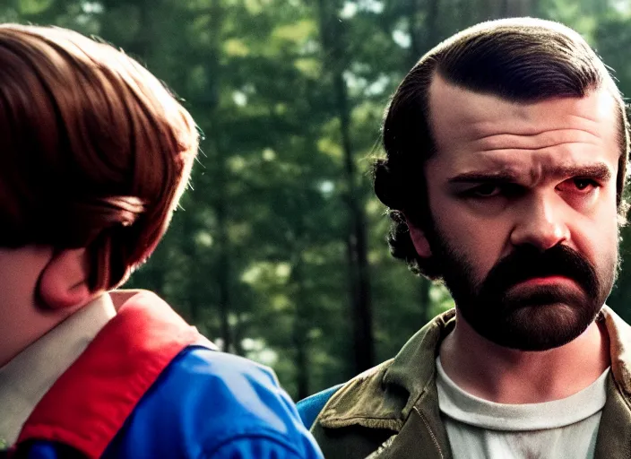 Image similar to film still of jim hopper as mike wheeler in stranger things, 8 k