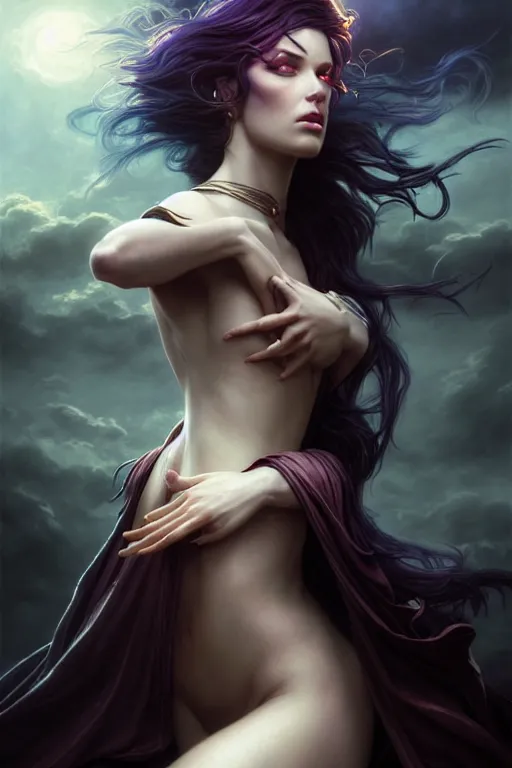 Image similar to seductive looking sorceress prays!!! magic the gathering, windy hair!, surreal dark fantasy, cinematic volumetric lights, portrait, dnd, intricate, elegant, highly detailed, digital painting, artstation, concept art, smooth, sharp focus, illustration, art by artgerm and tom bagshaw and greg rutkowski and alphonse mucha