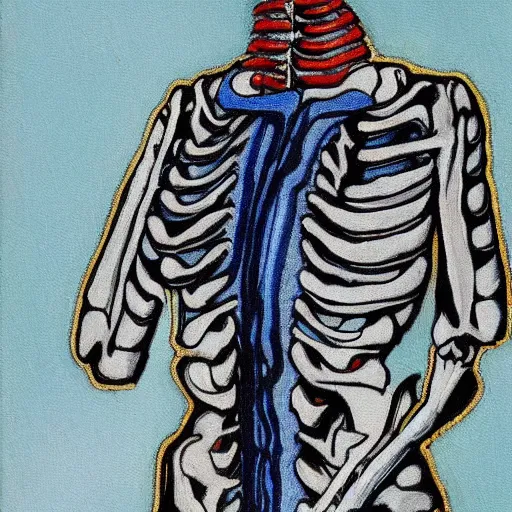 Prompt: skeleton wearing puffy blue jacket, classic painting, detailed