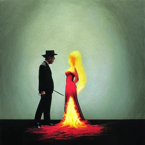 Prompt: a man in black suit in a white city meet a girl on fire, pink floyd album cover, 1 9 7 0's, by storm elvin thorgerson, moebius, craig mullins, beksinski, bruegel, greg rutkowski, alphonse mucha, and yoshitaka amano, colorful flat surreal design, hd, 8 k, artstation