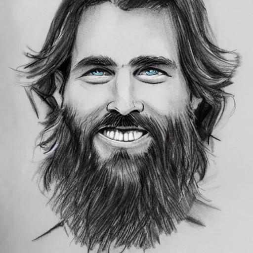 Image similar to sketch of a caucasian face, medium long brown hair, bad skin, short beard, skinny, blue eyes, smiling, ultrarealistic