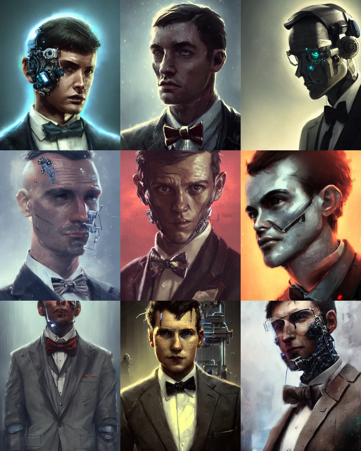 Image similar to a rugged young engineer man with cybernetic enhancements wearing a suit and bowtie, detailed face, scifi character portrait by greg rutkowski, esuthio, craig mullins, 1 / 4 headshot, cinematic lighting, dystopian scifi gear, gloomy, profile picture, mechanical, half robot, implants, steampunk