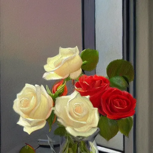 Image similar to The rose is placed in a vase on a windowsill. The light from the window casts a warm, golden glow on the petals of the rose, making them appear illuminated. The colors in the painting are soft and muted, giving the overall impression of a tranquil scene. Trending on artstation, in the style of famous painter.