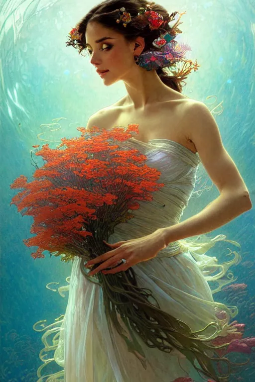 Image similar to portrait of a beautiful mysterious woman holding a bouquet of flowing flowers, hands hidden under the bouquet, underwater filled with coral reef, fantasy, regal, intricate, by stanley artgerm lau, greg rutkowski, thomas kindkade, alphonse mucha, loish, norman rockwell