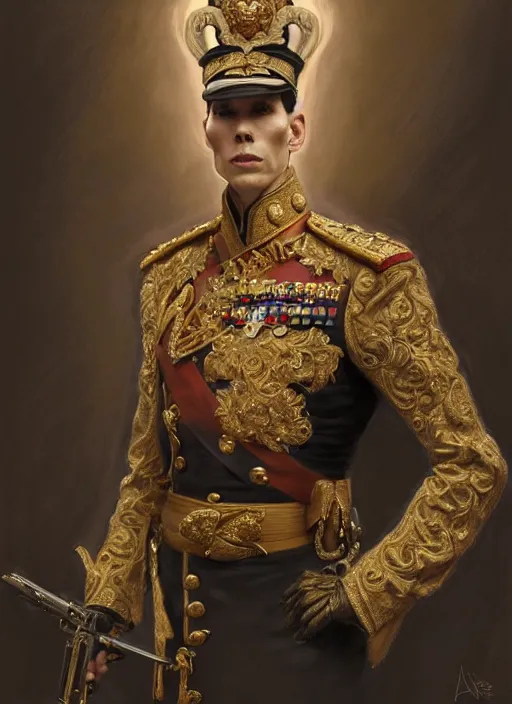 Image similar to portrait of supreme leader jerma, royalty, extravagant, lord, full body, military uniform, fantasy, intricate, elegant, beautiful, highly detailed, charcoal, centered, dark, smokey, digital painting, artstation, concept art, art by artgerm and greg rutkowski and alphonse mucha