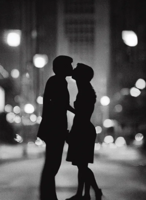 Image similar to a 2 8 mm macro photo of a couple kissing in the city in silhouette in the 1 9 7 0 s, bokeh, canon 5 0 mm, cinematic lighting, dramatic, film, photography, golden hour, depth of field, award - winning, 3 5 mm film grain, low angle