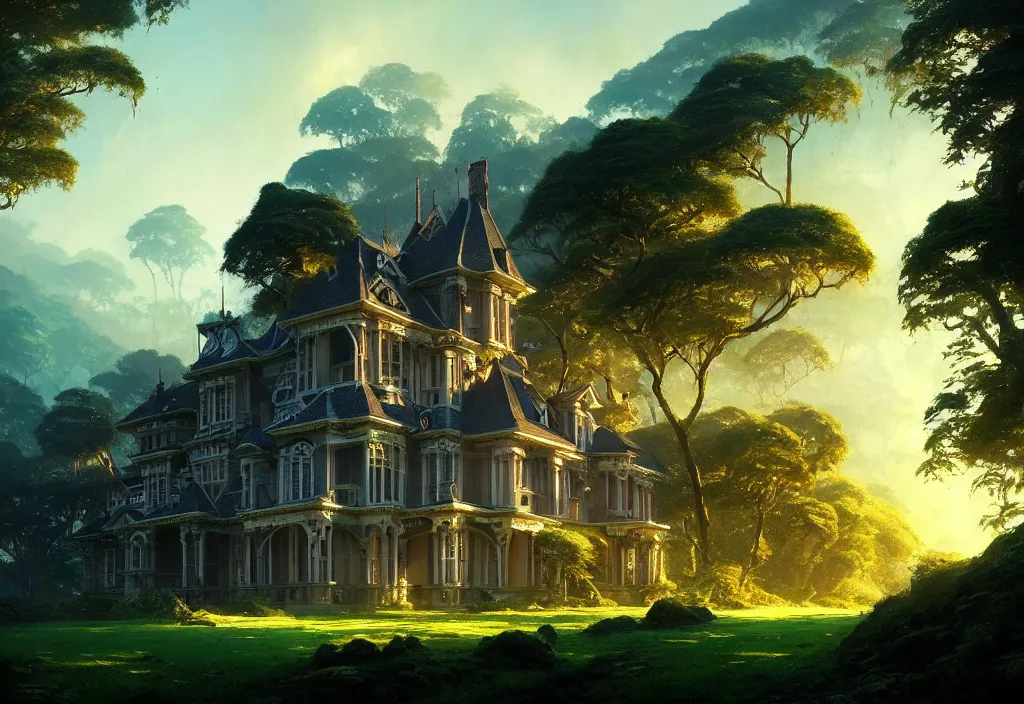 Prompt: a victorian mansion on a hillside surrounded by jungle, clear blue sky, cinematic view, concept art, high detail, well lit, volumetric, godrays, vivid, trending on artstation, by jordan grimmer, art greg rutkowski