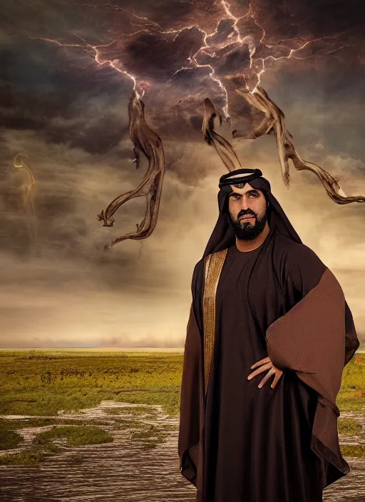 Image similar to portrait of sheikh ruler of dubai, djinn, landscape, swamp, marsh lands, surreal, demented, art style avant - garde, cinematic lighting, studio quality, godly, comic book, 4 k, active, scenic, fury, fiery, dramatic entry