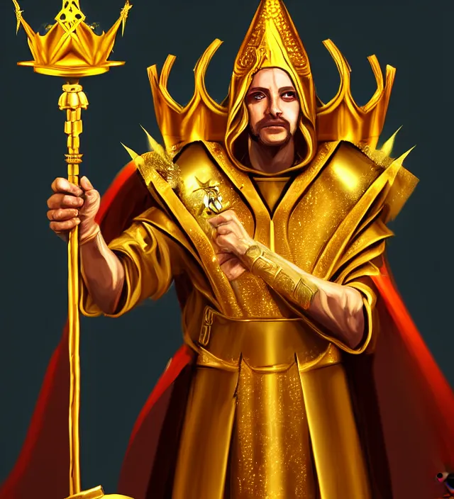 Prompt: a golden priest with a power and a scepter in his hands and with crown, digital art, concept art, high detailed