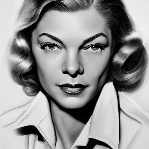 Image similar to lauren bacall studio publicity photo , portrait, highly detailed, digital painting, artstation, concept art, sharp focus, illustration, art , by norman rockwell