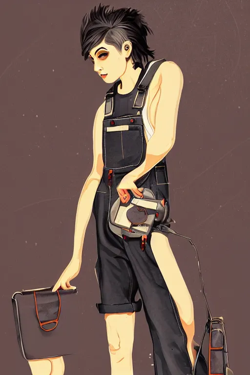Image similar to a full body portrait beautiful androgynous punk girl with short hair who is a mechanic wearing overalls with a utility bag, digital illustration, digital concept art, digital painting, ornate decorative background, trending on artstation