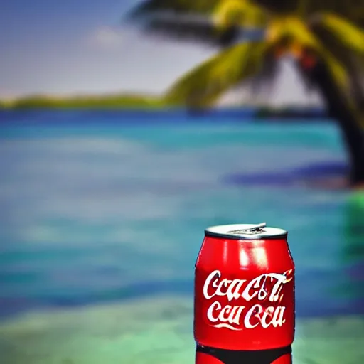 Prompt: can of coca cola on an island, digital art, close shot, detailed, colorful, bokeh, art,