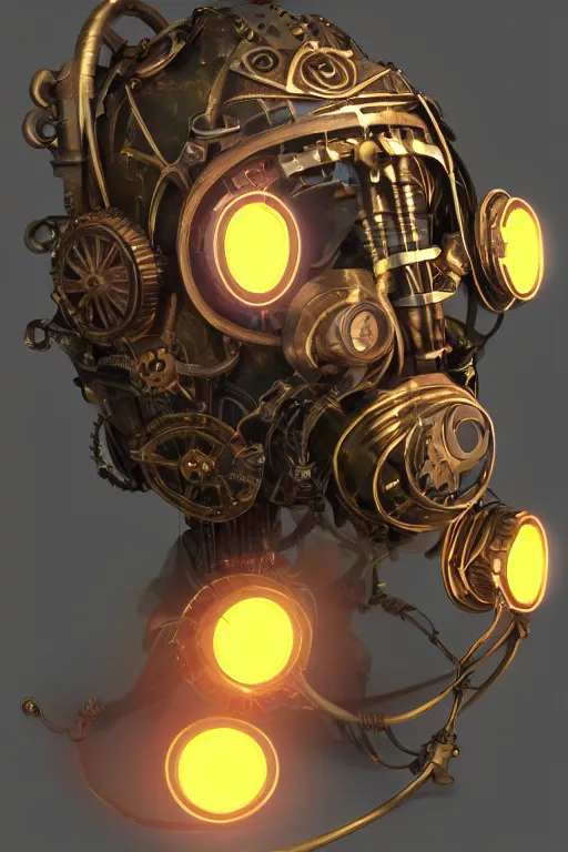 Image similar to steampunk mask minimalist fantasy art robot ninja helmet, global illumination ray tracing hdr fanart arstation by sung choi and eric pfeiffer and gabriel garza and casper konefal radiating a glowing aura