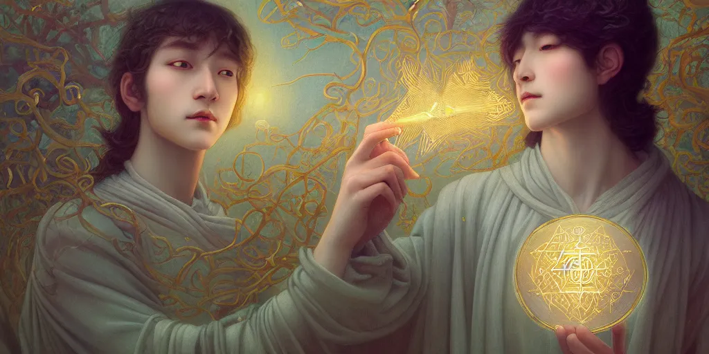 Image similar to a ultra - detailed beautiful painting major arcana the magician, sigils, runes, magical items, by hsiao ron cheng, ngai victo, nivanh chanthara jean delville wlop and dougherty patrick, trending on artstation, orb of agamento, light sparkles,, sky, sharp focus, soft light