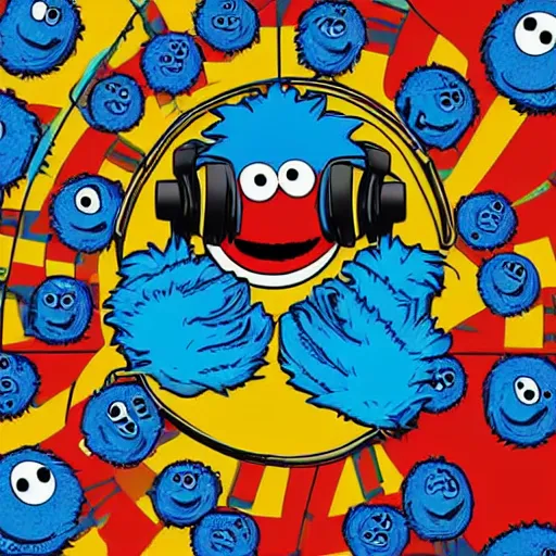 Image similar to Sesame Street Cookie Monster, Headphones, Disc-Jockeying, DJ, spinning records, Psychedelic, Cyberpunk, svg digital art, full body, from a slight distance