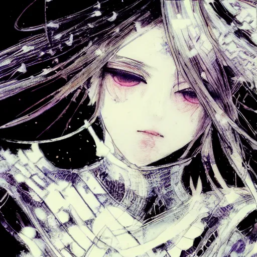 Image similar to Yoshitaka Amano blurred and dreamy illustration of an anime girl with pirate eye patch, wavy white hair and cracks on her face wearing Elden ring armour with the cape fluttering in the wind, abstract black and white patterns on the background, noisy film grain effect, highly detailed, Renaissance oil painting, weird portrait angle