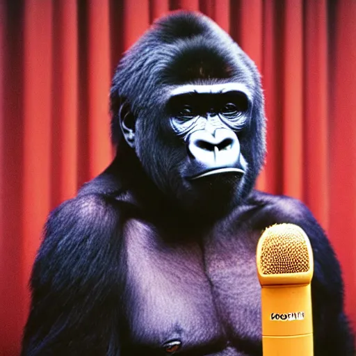 Prompt: photo of gorilla on stage with microphone, comedy club, kodak portra 4 0 0 color negative film