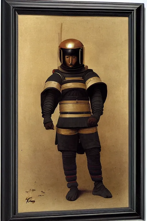 Image similar to portrait of a astronaut in samurai helmets an ancient human species, single person, by bouguereau