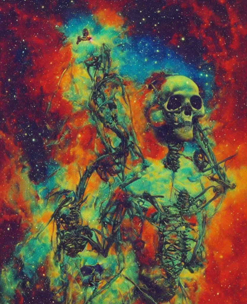 Prompt: a psychedelic cosmonaut skeleton tearing his suit off, rainbow melting color scheme, floating in the cosmos nebula, Beksinski