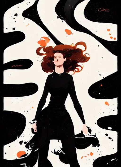 Image similar to highly detailed closeup portrait of beautiful grace gummer as dom dipierro, wavy ginger hair, black dress, by atey ghailan, by greg rutkowski, by greg tocchini, by james gilleard, by joe fenton, by kaethe butcher, gradient orange, black and white color scheme, grunge aesthetic!!! ( ( graffiti tag wall background ) )