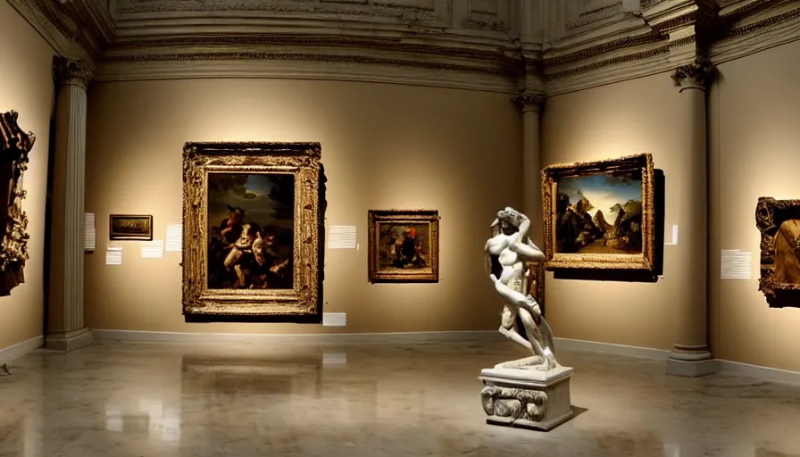Prompt: museum of art, art gallery, fine art, realism, extreme detail, marble, stone, baroque paintings, sculptures, symmetrical composition
