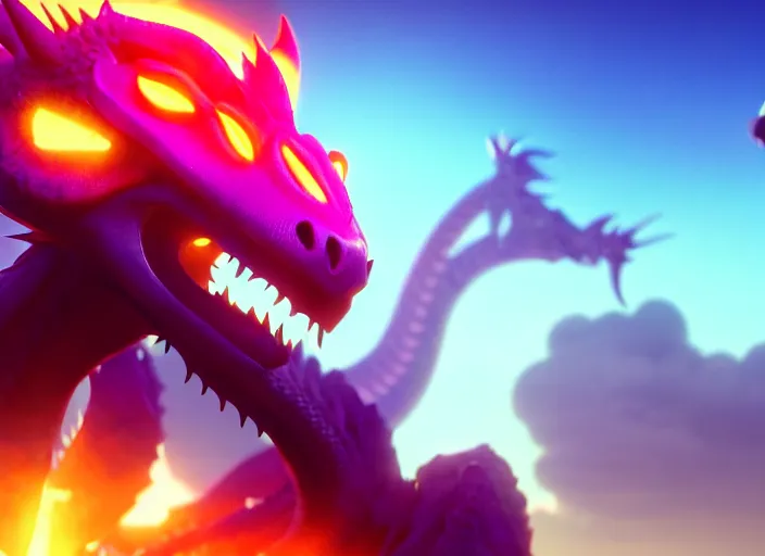 Prompt: a wholesome animation key shot of a neon dragon, close up, studio ghibli, pixar and disney animation, sharp, rendered in unreal engine 5, clear sky, anime key art by greg rutkowski, bloom, dramatic lighting