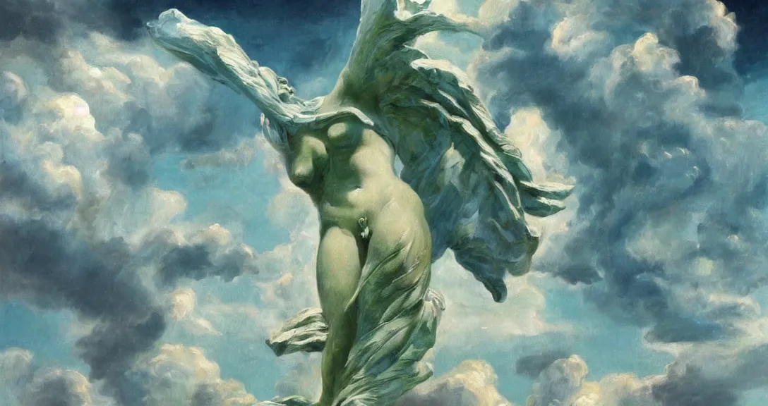 Prompt: Aphrodite statute of winged victory Samothrace made of blueish green crystal detailed on landscape painted clouds background cumulus nimbus dark contrast oil painting heavy blob