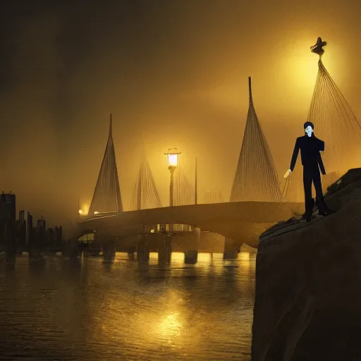 Image similar to two young men, one man human, one man vampire, night, on a birdge, detailed, intricate, aesthetic, artistic, 8 k resolution in the style of one piece