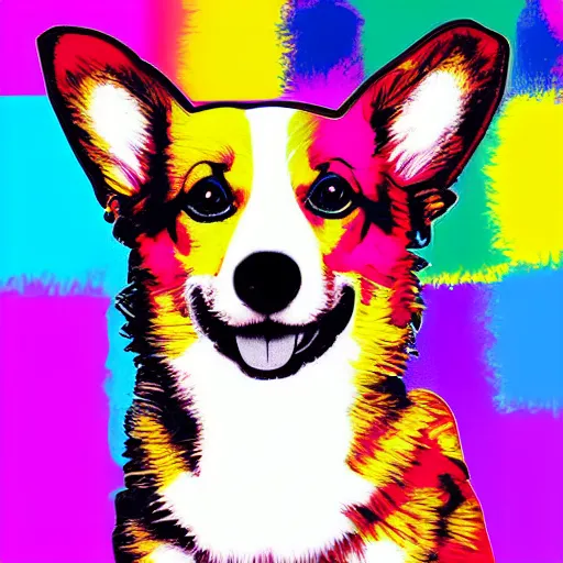 Prompt: corgi digital art in the style andy warhol, similar in design to marilyn diptych, high saturation, colorful, many different colors