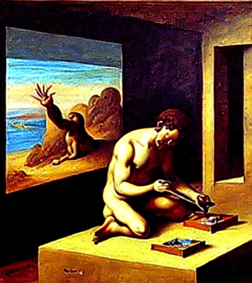 Prompt: a salvador darli painting the end of human civilisation and the birth of the artificial intelligent revolution