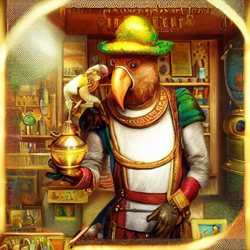 Image similar to Anthropomorphized parrot trader in his shop, selling his wares, portrait, items, gold, magic potions, carpet, window, fancy hat, sly expression , cunning expression, cute expression, long thick shiny gold beak, presenting wares, holding an item, D&D, fantasy, cinematic lighting, highly detailed, digital painting, artstation, concept art, smooth, sharp focus, illustration, warm light, cozy warm tint, magic the gathering artwork, volumetric lighting, 8k, art by Akihiko Yoshida, Greg Rutkowski