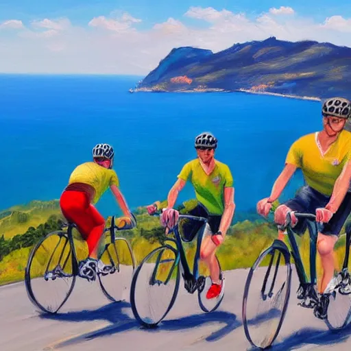 Prompt: 3 friends on professional road bycycles riding in the mountains of Mallorca, sea in the background, oil painting, 4k