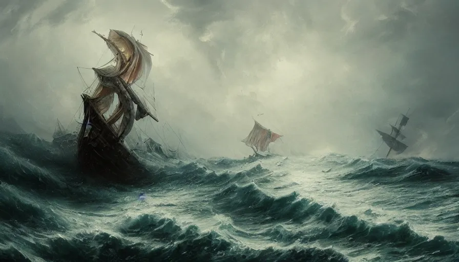 Prompt: A beautiful painting of cthulhu attacking a sailing ship in a stormy sea by greg rutkowski and Kalin Popov , Trending on artstation HD.