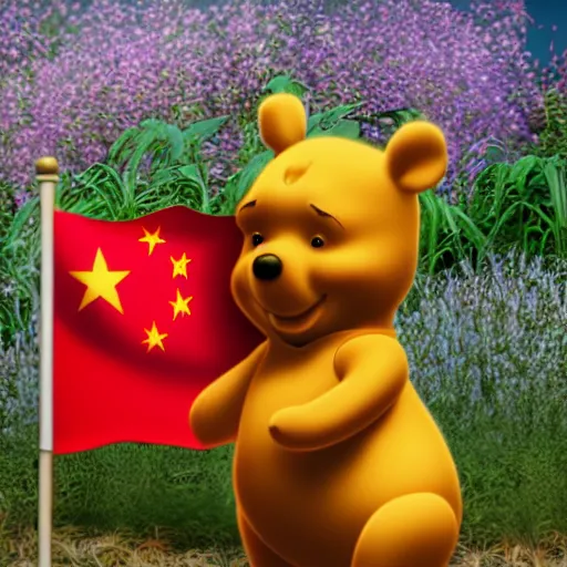 Prompt: photorealistic 3 d render of winnie the pooh saluting the chinese flag