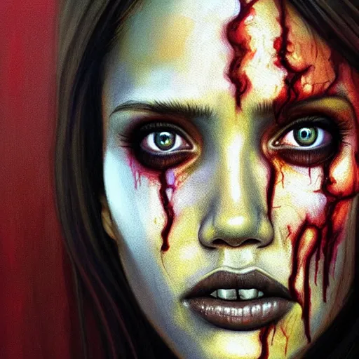 Image similar to color head portrait of jessica alba crying as a zombie, 7 days to die zombie, gritty background, fine art, award winning, intricate, elegant, sharp focus, cinematic lighting, digital painting, 8 k concept art, art by michael hussar, art by brom, art by guweiz and z. w. gu, 8 k