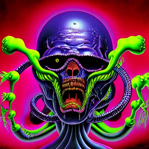 Image similar to thrash metal album cover in the style of wayne barlowe and kenny scharf and mark arian, realistic, insanely detailed, soft, smooth, airbrush, play-doh