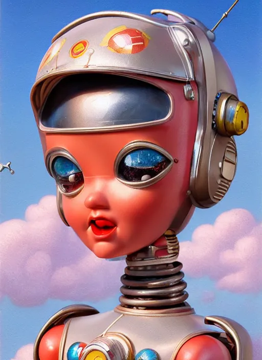 Image similar to highly detailed closeup, face profile portrait of a retro 1 9 5 0 s tin toy robot spacegirl wearing a bikini, unreal engine, nicoletta ceccoli, mark ryden, earl norem, lostfish, global illumination, detailed and intricate environment
