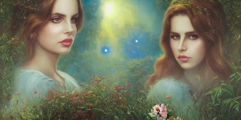 Image similar to big-eyed Lana Del Rey staring into the camera, sundown misty firefly wisps, Lilia Alvarado, Sophie Anderson, Mark Arian, Bob Byerley, Charlie Bowater, Mark Brooks, Steve Henderson, Justin Gerard, Arthur Hughes, Edward Robert Hughes, Mark Keathley, Victor Nizovtsev, Carlos Shwabe, Ross Tran, WLOP