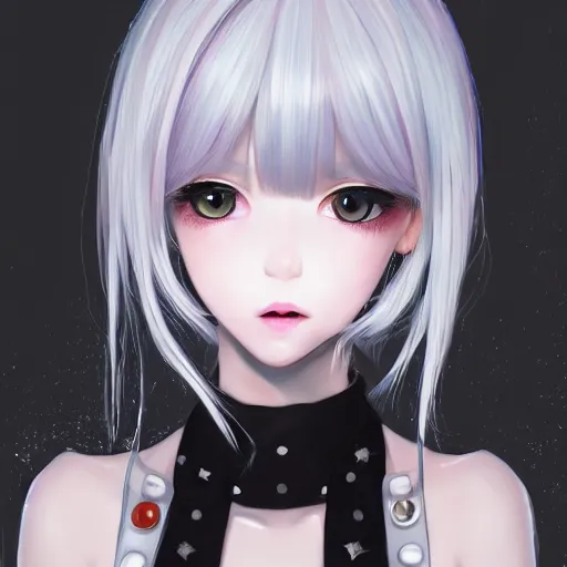 Prompt: realistic detailed semirealism beautiful gorgeous buxom hot girl natural cute excited happy Blackpink Lalisa Manoban white hair white cat ears blue eyes, wearing apron, headphones, black leather choker artwork drawn full HD 4K high resolution quality artstyle professional artists WLOP, Aztodio, Taejune Kim, Guweiz, Pixiv, Instagram, Artstation