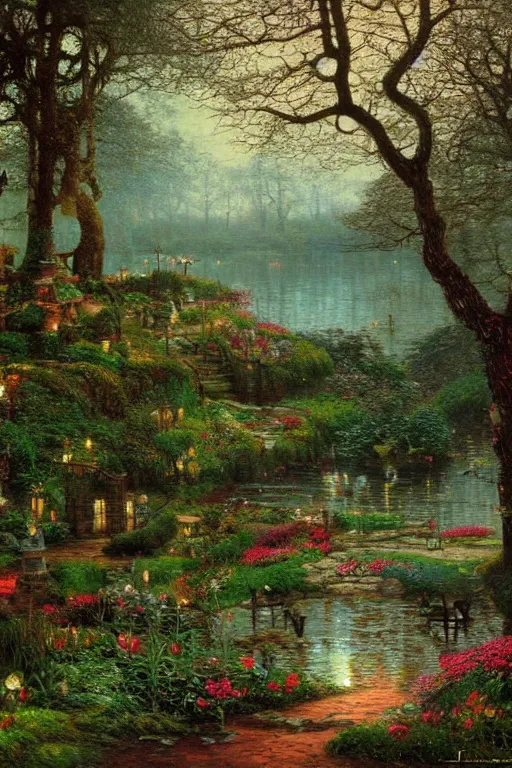 Prompt: oil painted fairy garden with lake and fantasy trees ethereal by John Atkinson Grimshaw and Thomas Kinkade, trending on artstation