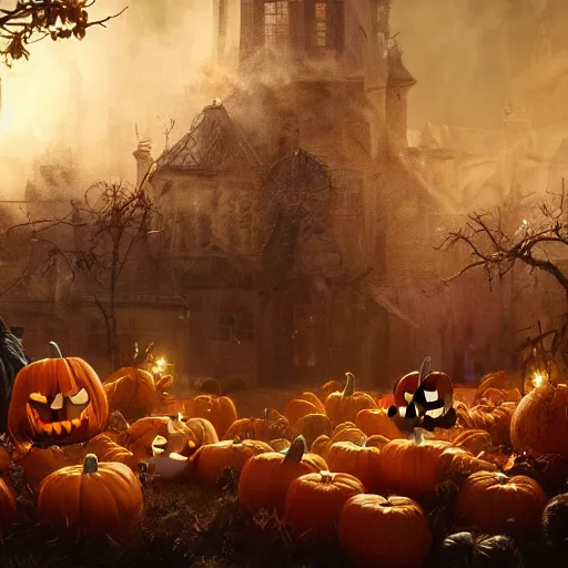 Image similar to halloween harvest festival, volumetric lighting, 8 k octane beautifully detailed render, post - processing, extremely hyper - detailed, intricate, epic composition, cinematic lighting, masterpiece, trending on artstation, detailed detailed detailed, masterpiece, stunning art by anders zorn, wonderful masterpiece by greg rutkowski, beautiful cinematic light,