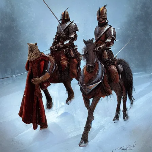 Prompt: “Two medieval knights wearing furs on horseback in the snow in the middle of the mountains, snow storm, fantasy, highly detailed, digital painting, artstation, concept art, illustration, art by Greg Rutkowski and Marc Simonetti